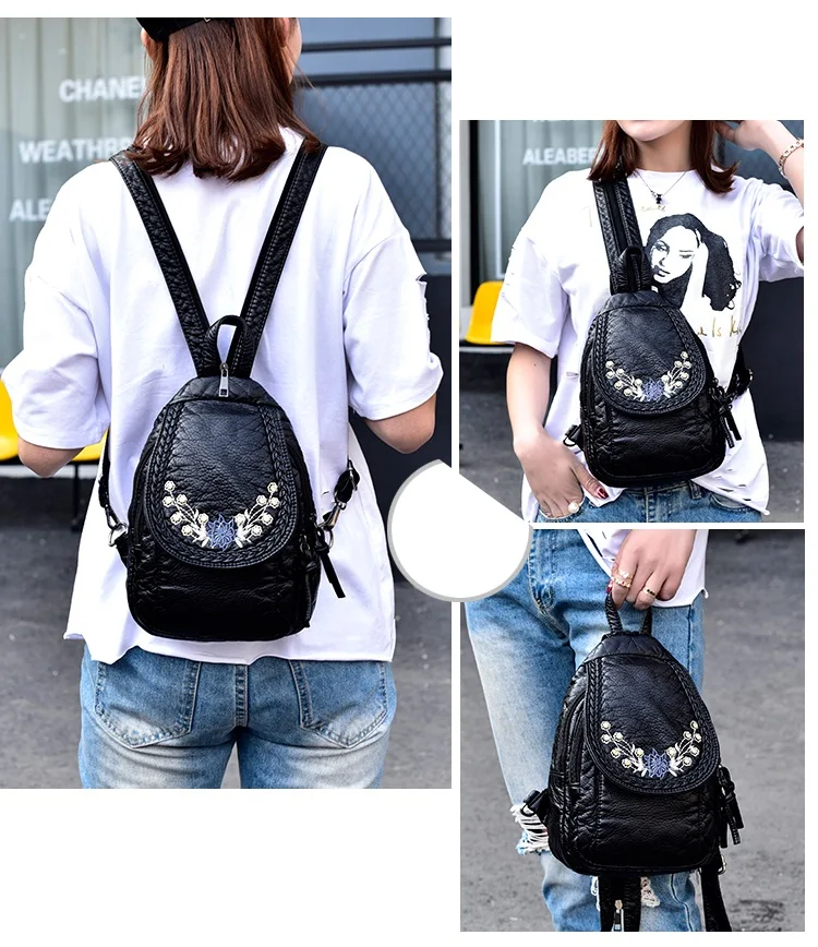 

Embroidery Flowers Women Backpack Small Soft Pu Leather Backpacks For Girls Teenagers Female Shoulder Bag Chest Pack Black Bolsa