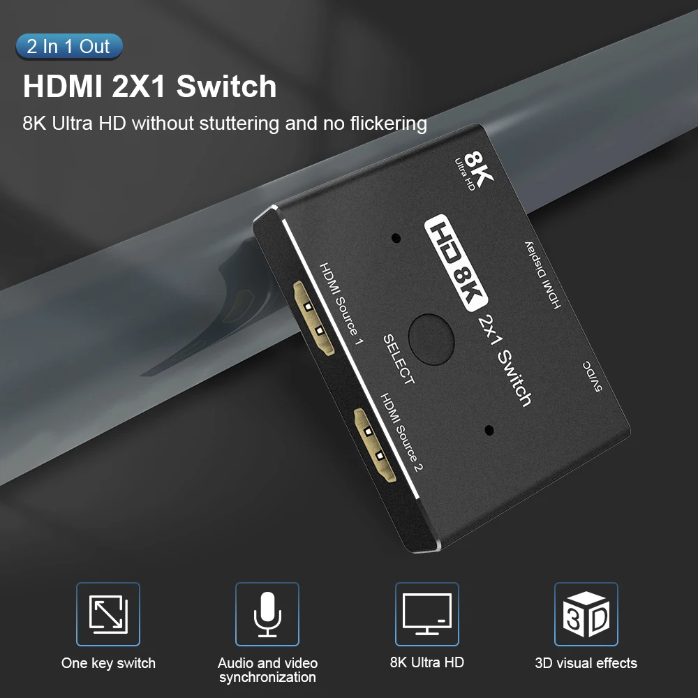 2 in 1 out HDMI-compatible 2.1 Switch Ultra HD 8K@60Hz 4K@120Hz Switcher Splitter With switch button For 2 sources to 1 display