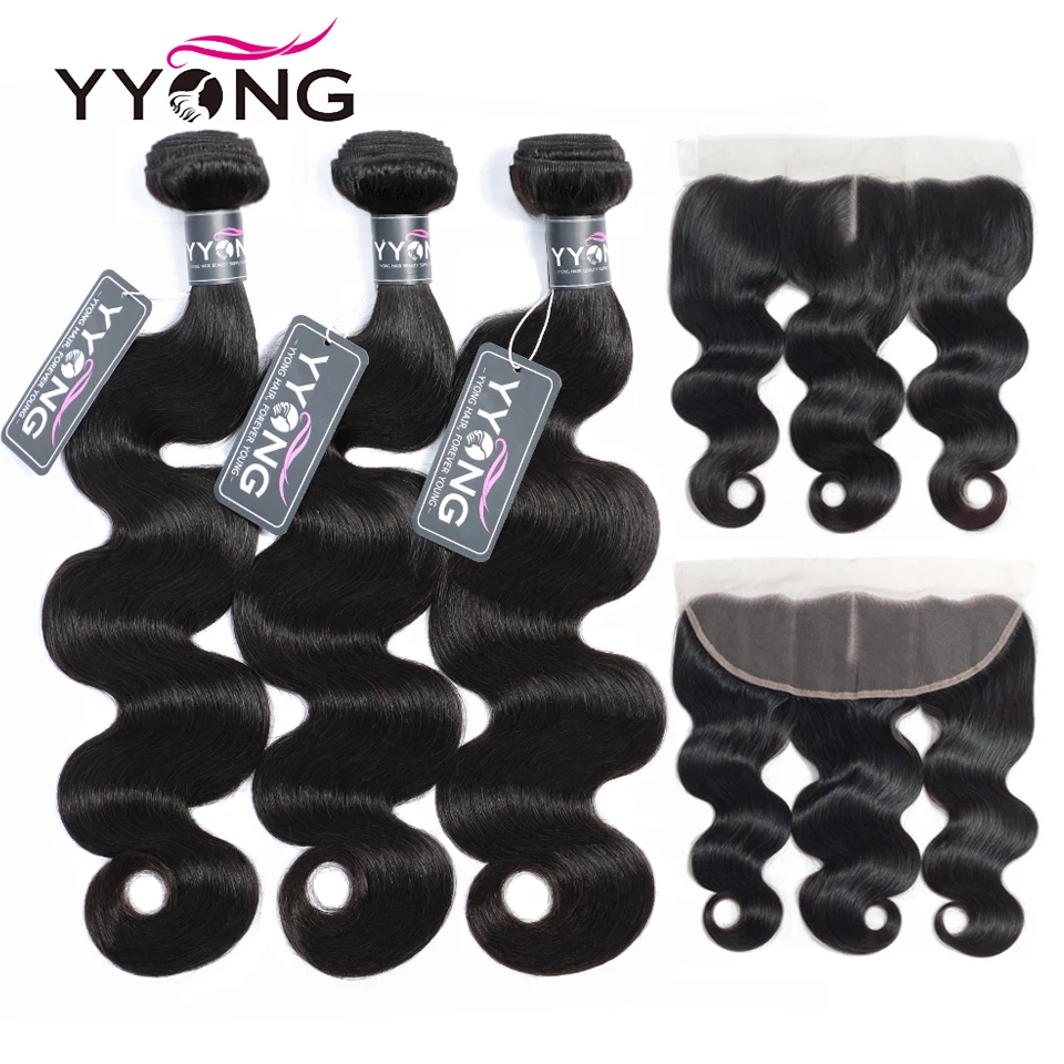 

Yyong Hair 3 Bundles Brazilian Body Wave With Frontal Remy Human Hair Bundles With 13X4 Ear To Ear Lace Frontal