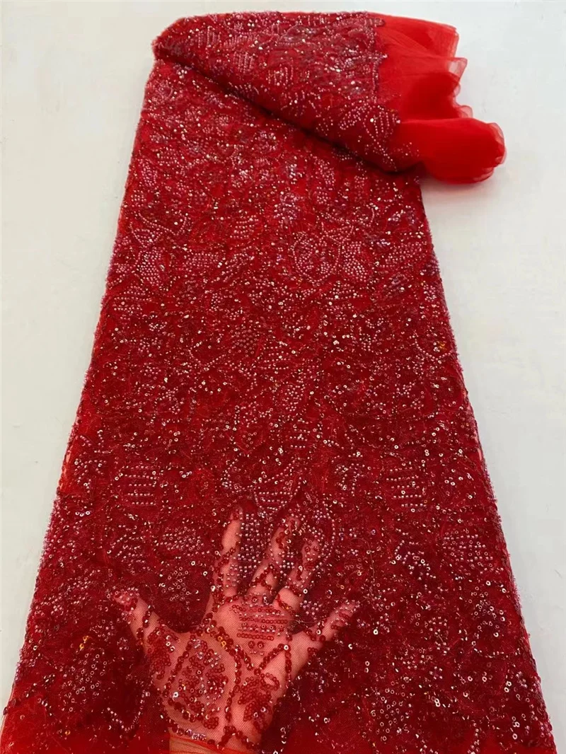 

PGC African Sequence Lace Fabric 2021 High Quality Lace 5 Yards With Beaded Nigerian Lace Fabrics For Wedding Sewing YA4676B-7