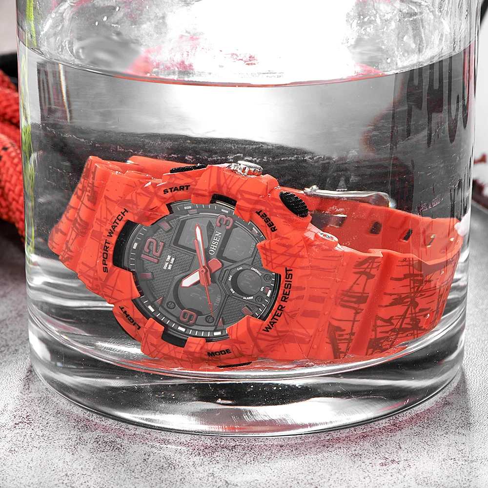 

OHSEN Fashion Quartz Digital Watch Men LED Dual Time Man Army Wristwatch Camouflage Black Rubber Band Swim Sport Watch Relogios