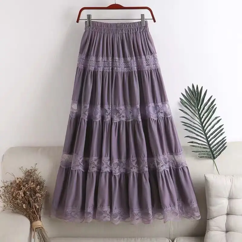 

Women's Skirt Sweet Kawaii Chiffon Lace Stitching A-Line Pleated Skirt Women's High Waist Midi Skirts Black Purple Elegant Party