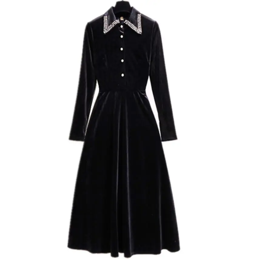 

Plus size 3XL!vintage velvet dress women diamond peter pan collar slim high waist a-line dress