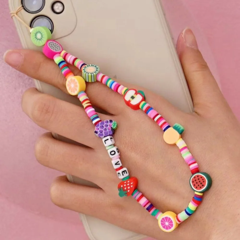 

2021 New Fashion Simple Color Smiley Fruit Geometric Mobile Phone Chain Female Bohemian Soft Ceramic Beaded Mobile Phone Chain