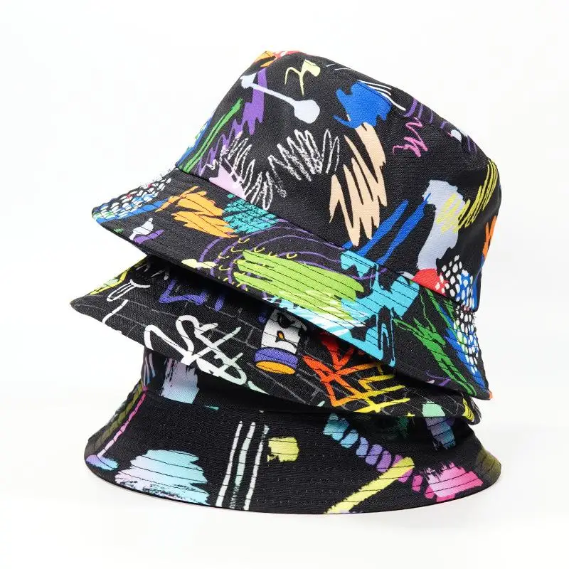 

2021 four seasons Cotton Graffiti Print Bucket Hat Fisherman Hat Outdoor Travel Hat Sun Cap Hats for Men and Women 427
