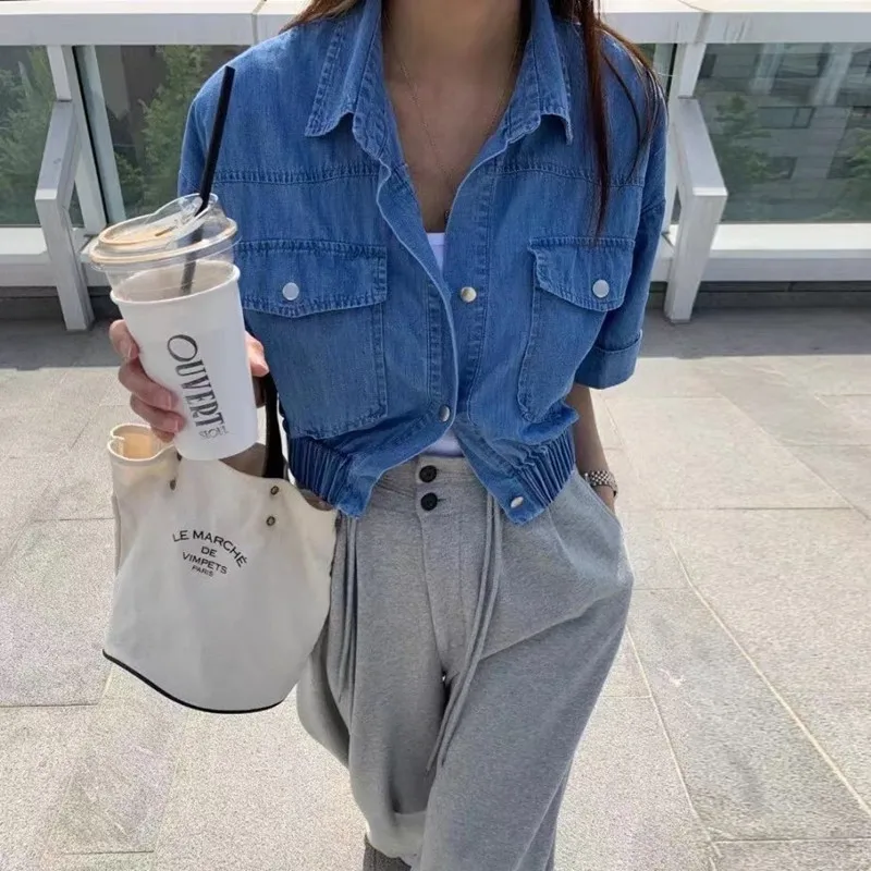 

2021 Summer New Casual Korean Style Fashion Denim Blue Jacket Top Women Short Sexy Turn-down Collar Jacket