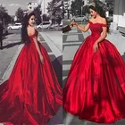 2021 скромные платья Quinceanera с открытыми плечами, Красное Атласное Вечернее платье для выпускного вечера