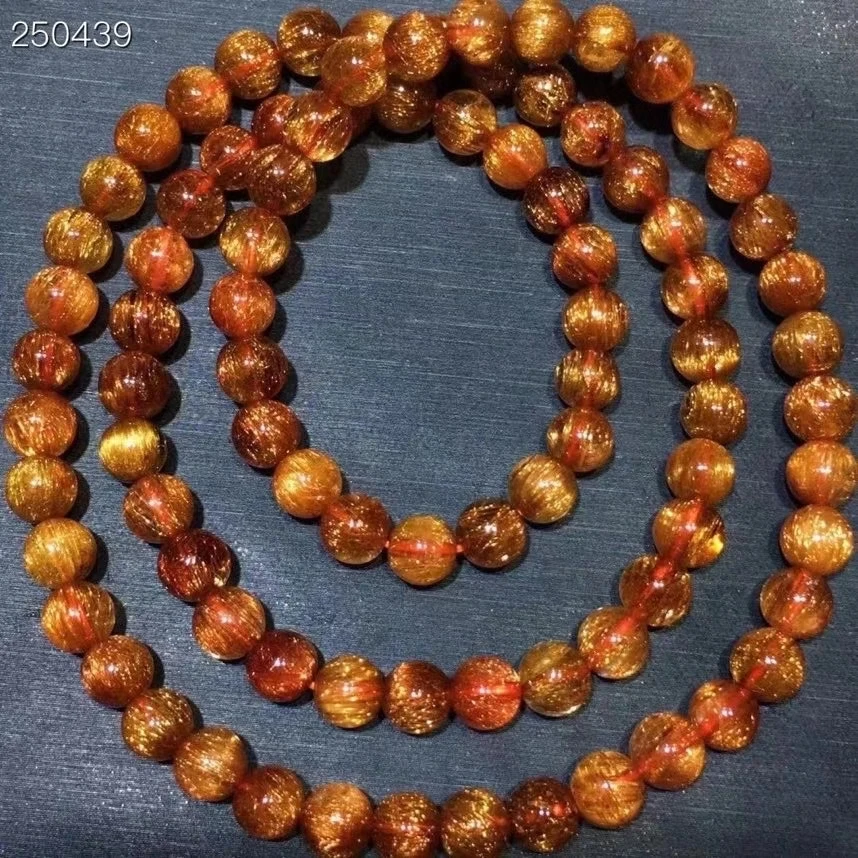 

Natural Copper Rutilated Quartz 3 Laps Bracelet 6.6mm Cat Eye Clear Round Beads Genuine AAAAAA