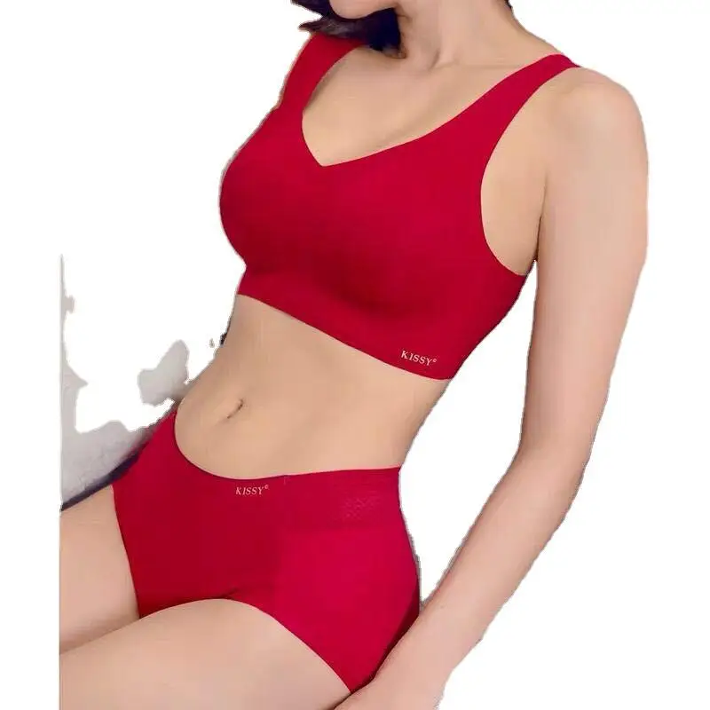 

Authentic Kissy Rukikiss New Underwear New Christmas Style Red without Steel Ring Gathered Red Bra Set