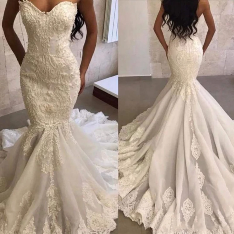 

Mermaid Wedding Dresses Sweetheart Neckline Floral Appliqued Lace Tulle Bridal Gowns 2021 Spring Boho Bohemian Vestido De Novia