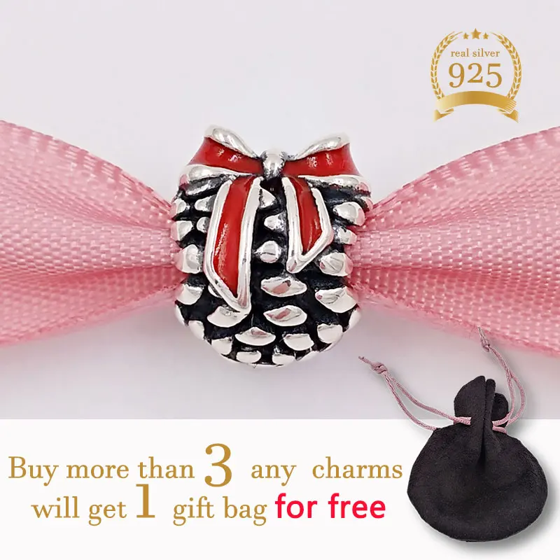 

Moonlight Christmas Day Gift 925 Sterling Silver Beads Red Pine Cone Charm Fits European Style Jewelry Bracelets & Necklace