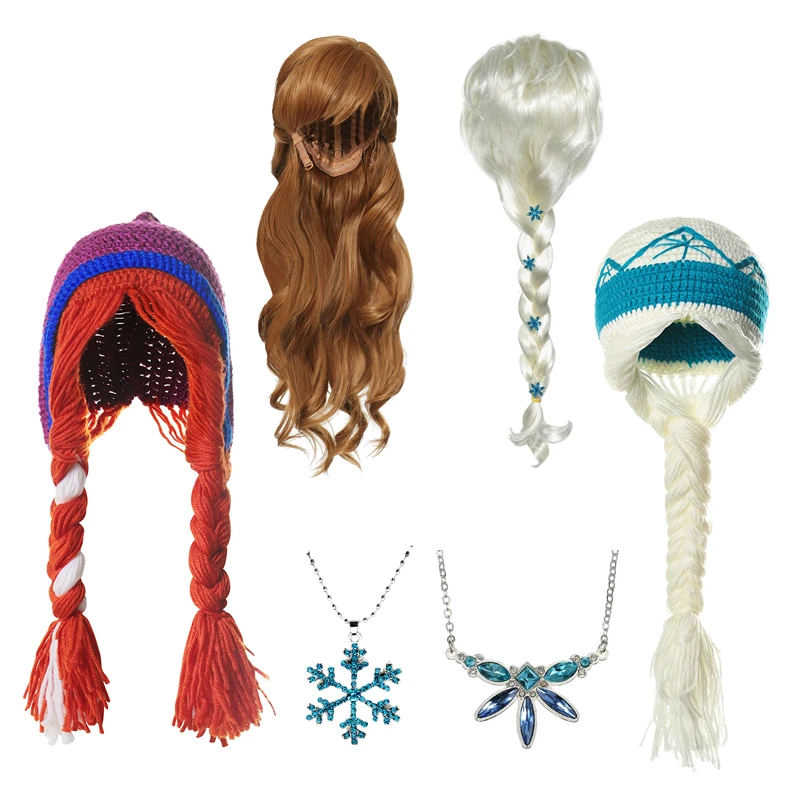 MUABABY Baby Girl New Elsa Anna Party Accessories Snowflake Crochet Hat Elza Wig Braid Princess Headband Necklace Birthday Gift | Детская