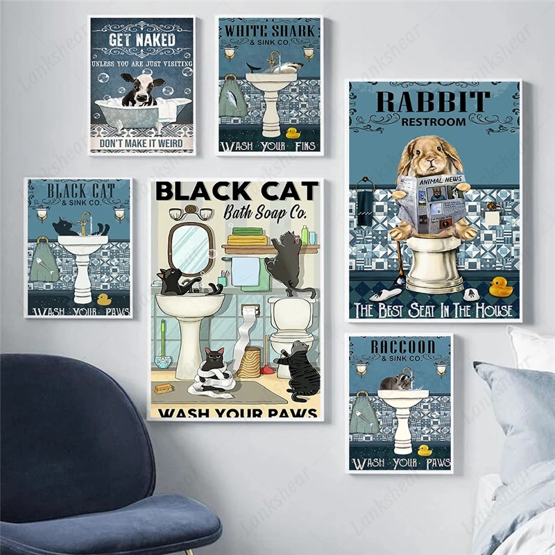

Black Cat Shark Rabbit Raccoon Poster Wash Your Paws Quote Print Bathroom Wall Art Toilet Canvas Painting Hd Pictures Room Decor