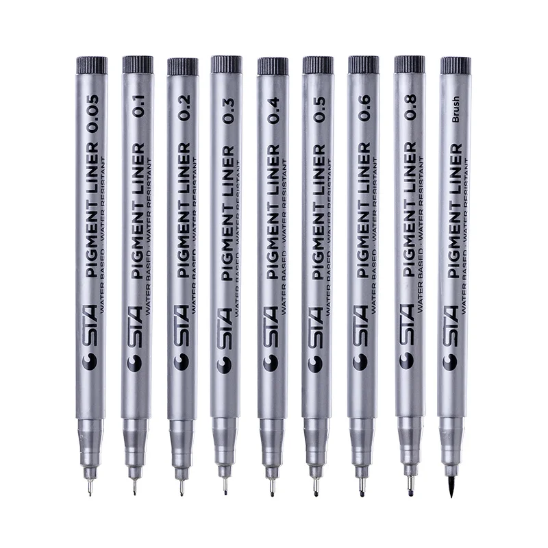 

STA 9Pcs/Lot Black micron pen Hook Liner sketch markers Drawing Waterproof Art Supplies Manga Comic Handwriting Brush Pen