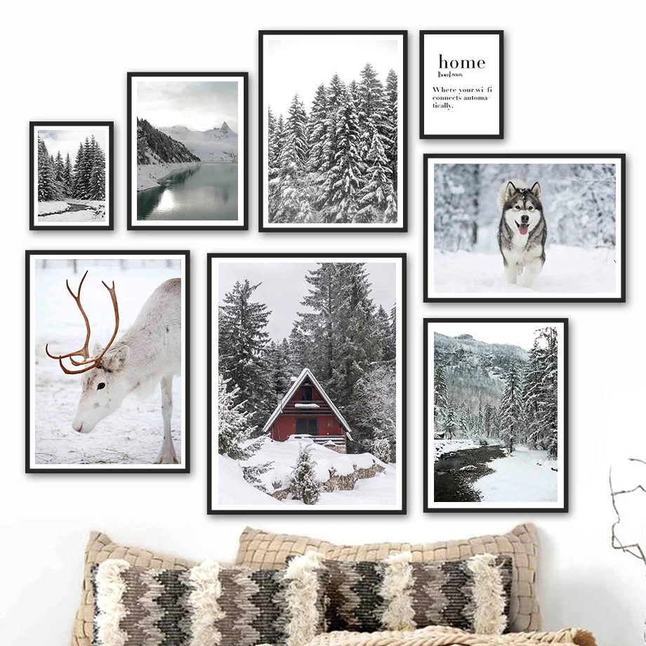 

Mountain lake Snow Forest Deer Dog House Wall Art Canvas Painting Nordic Posters And Prints Wall Pictures For Living Room Decor