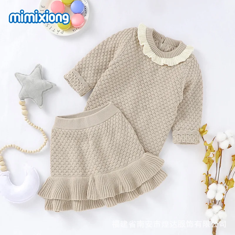 

Autumn 2Pcs Baby Girls Knitted Clothing Sets Newborns O-Neck Long Sleeve Knitwear Pullovers Solid Color Midi Skirt Outfits 3-24M