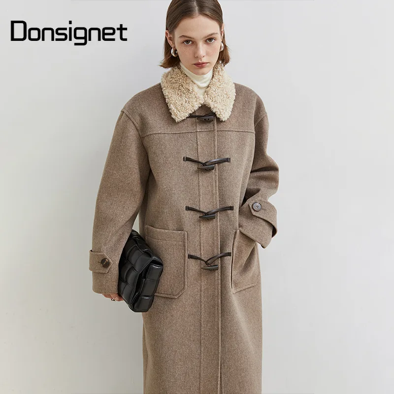 

Женское шерстяное пальто Donsignet, элегантное винтажное пальто из искусственной овечьей шерсти с роговыми пряжками на осень и зиму