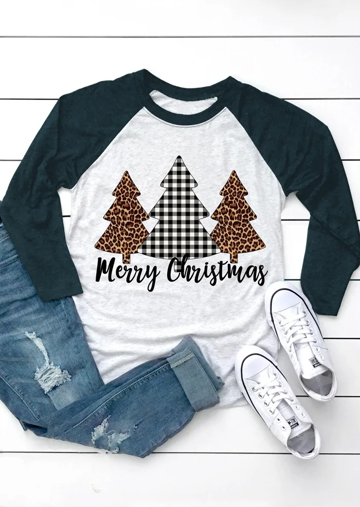 Новинка, модные женские футболки с надписью «Merry Christmas», лоскутные Футболки с длинным рукавом, футболки размера плюс S-XXL 3XL