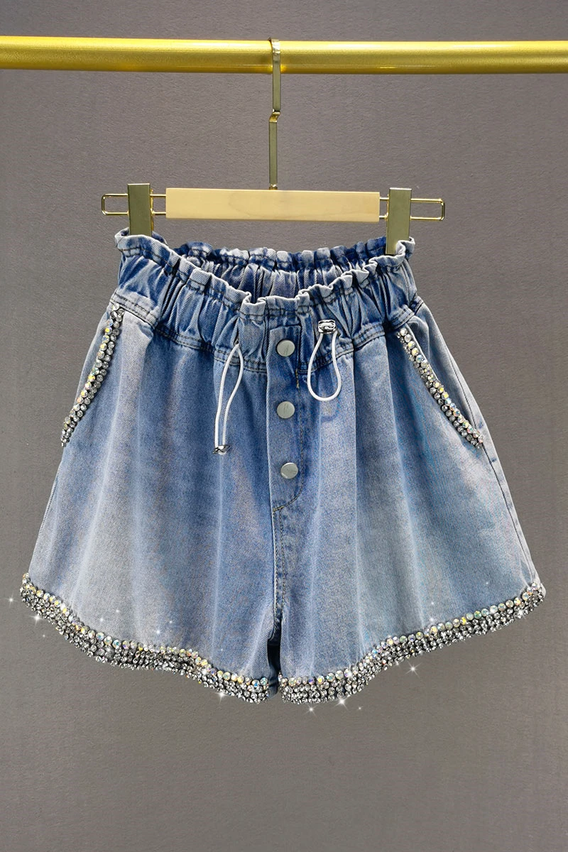 

Rhinestone A- Line Denim Shorts Women's Fashionable 2021 Summer Short Jeans New High Waist Slimming Loose Wide Leg Pants