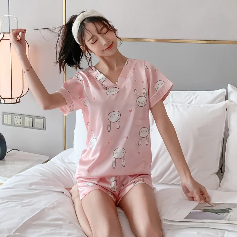 

Summer Ice Silk Pajamas Women Short-Sleeved Home Service Printing Two-piece Pajamas Sleepwear Womens Homewear Sleep Wear M-4XL