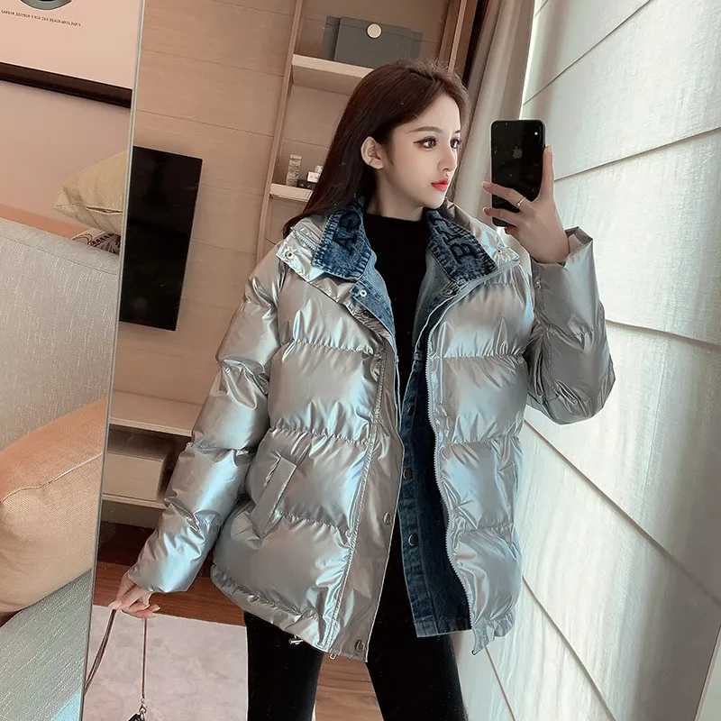 Denim Splicing Fake Two Piece Coat Bright Leather Loose Thickened Cotton-padded Jacket Fashion Casual  Ladies Coats and Jackets