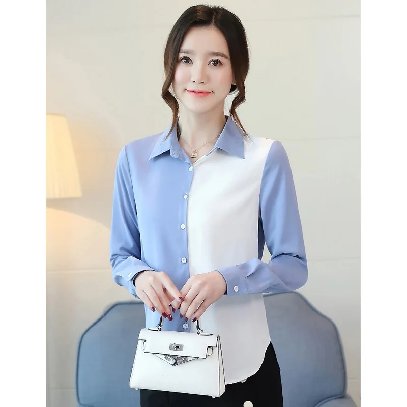 Women Shirts Blouse Long Sleeve Top Stitching Chiffon Blouses Blusas Womens Tops and Blouses