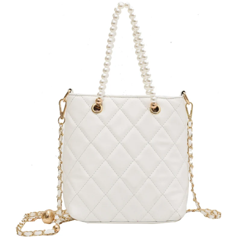 

Lattice Pearl Tote Bucket Bag 2021 Summer New High-quality PU Leather Women's Designer Handbag Chain Shoulder Messenger Bag