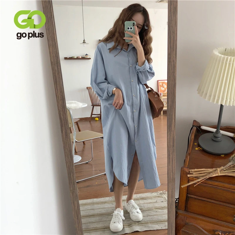 GOPLUS женское длинное платье рубашка в Корейском стиле повседневное белое