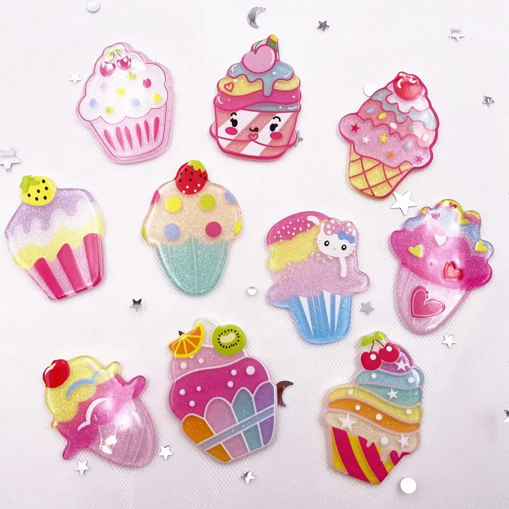 

Kawaii Colorful Glitter Ice Cream Flatback Acrylic Sheet Miniature Pattern 10pcs Applique DIY Scrapbook Embellishments Craft J04