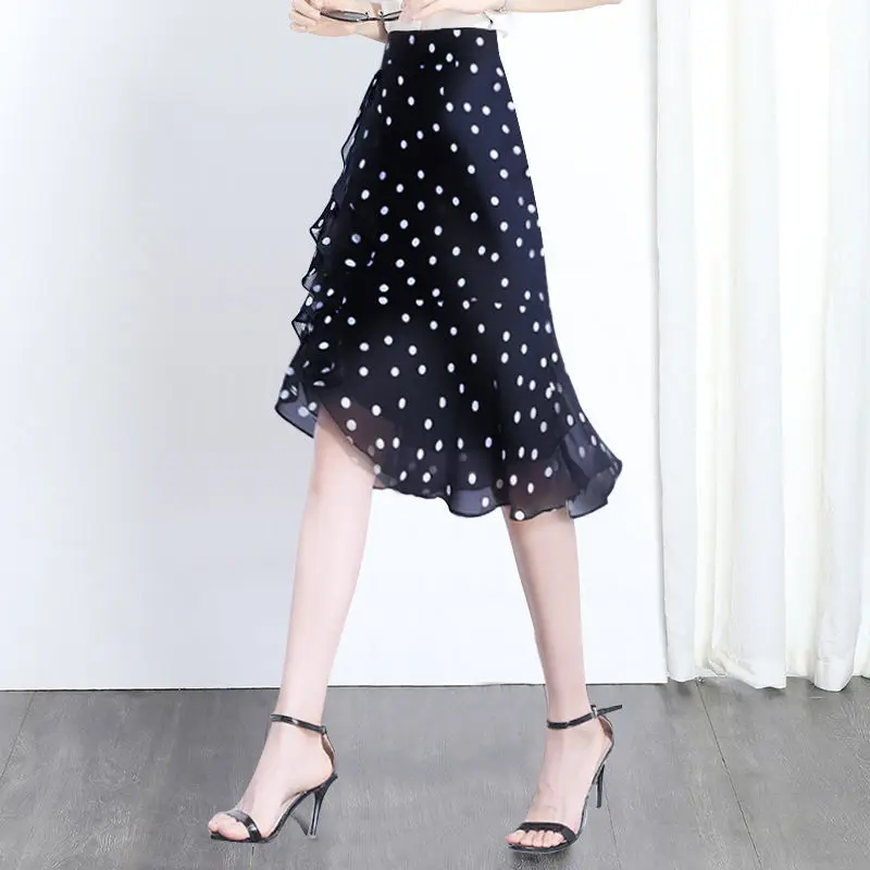 

2021 Summer New Chiffon Polka-dot Skirt Female Mid-length Irregular High-waisted Thin Package Hip One-step Skirt Fishtail Skirt