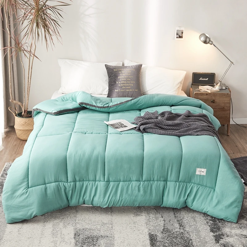 Зимнее/осеннее одеяло в японском стиле однотонное синее утолщенное из мытого