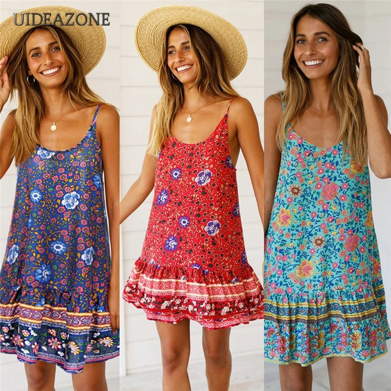 Женское платье на бретелях-спагетти UIDEAZONE богемное с V-образным вырезом оборками