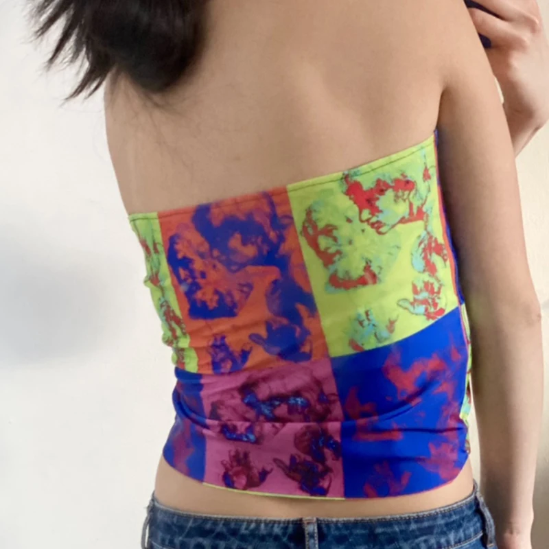 

Tie Dye Printed Patched Sexy V Neck Halter Y2k Crop Tops For Women Lace Up Camis Fashion Chic 2021Summer Tee Tank Party Female