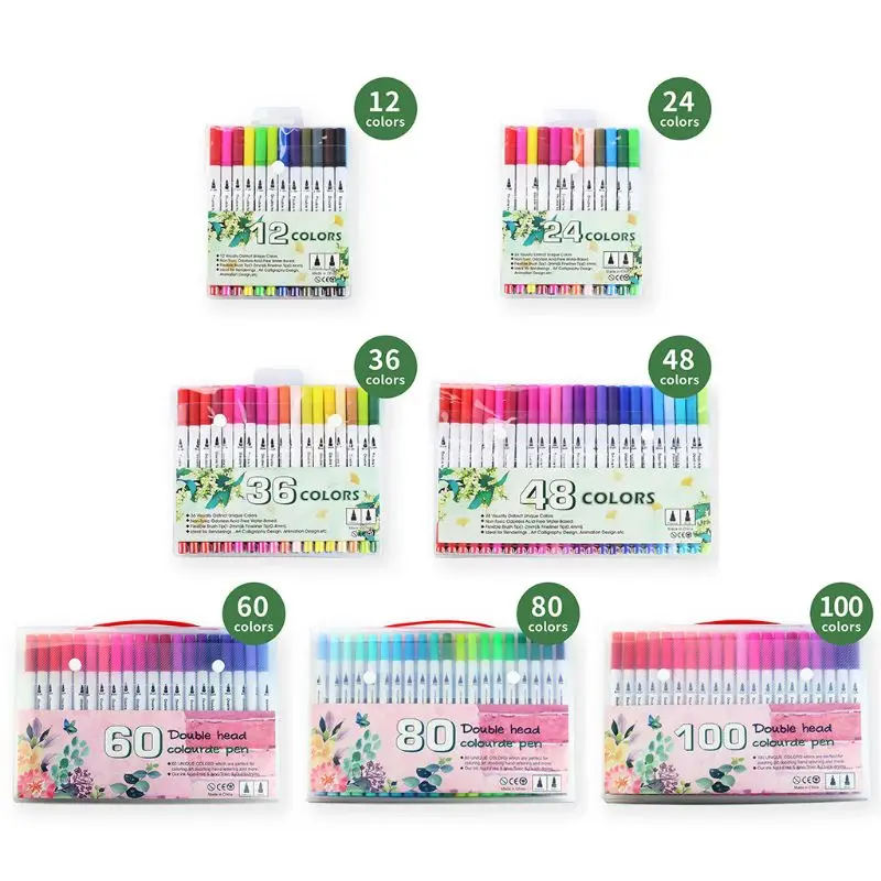

12/24/36/48/60/80/100 Color Fineliner Art Marker Pens Watercolor Dual Tip Brush