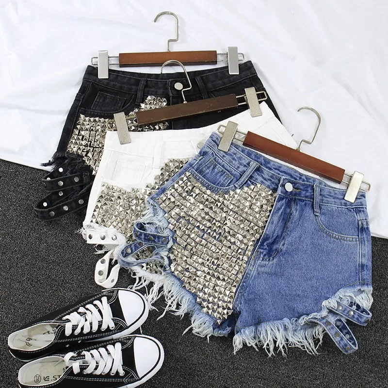 

2021 Women's Fashion Brand Vintage Tassel Rivet Ripped High Waisted Short Jeans Punk Sexy Hot Woman Denim Shorts