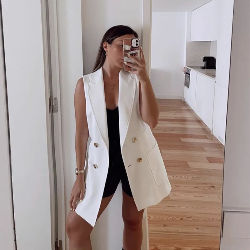 

Woman Elegant White Slim Blazer Tank 2021 Spring Casual Female Pocket Sleeveless Outwear Ladies Chic Solid Basic Long Tanks