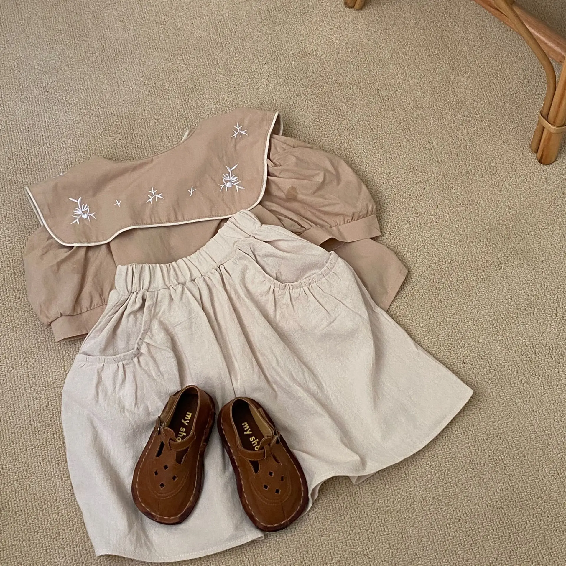 

Summer Girls Clothes Set Kids Vintage Blouse Girls Cotton Linen Skirt Embroidery Collar Shirt for Baby Tops Children Clothing