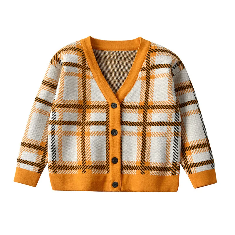 Зимний свитер 2020 детский вязаный в клетку кардиган для маленьких мальчиков с V