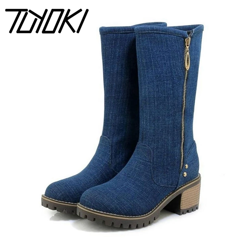 Tuyoki женские сапоги до середины икры на платформе и высоком каблуке Зимняя обувь