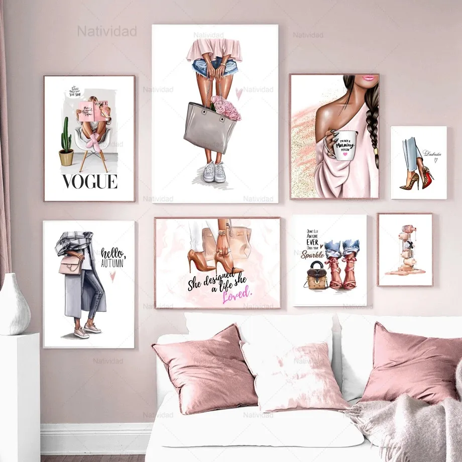 

Canvas Painting Handbag Nail Polish Fashion Posters Beautifu Girl High Heels Nordic Wall Pictures Living Room Frameless Decora
