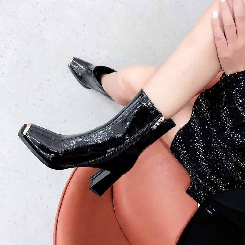 

Asumer 2021 top quality patent leather ankle boots women high heel casual party shoes Metal decoration square toe ladies boots