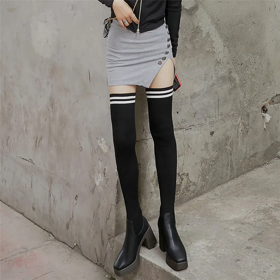 

Thigh High Shoes Women Cow Leather High Heel Over The Knee High Motorcycle Boots Female Stretchy Knitting Platform Pumps Shoes