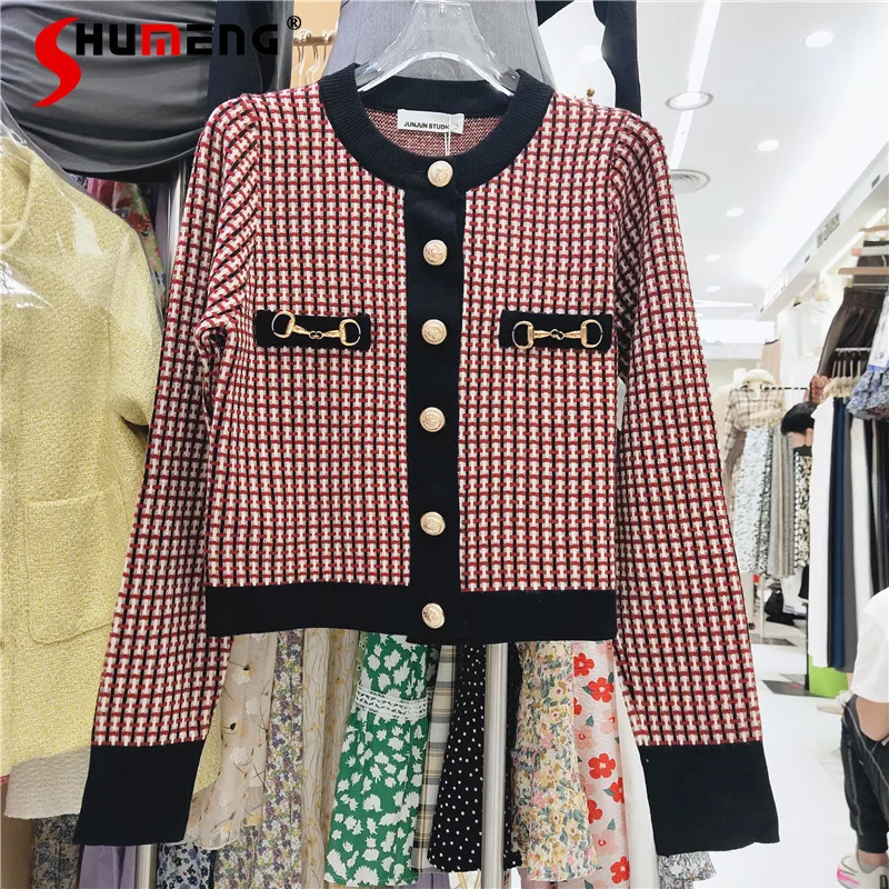 

Fashion Retro Plaid Single-Breasted Knitted Coat for Ladies 2021 Autumn New Round Neck Long Sleeve Short Knitwear Female