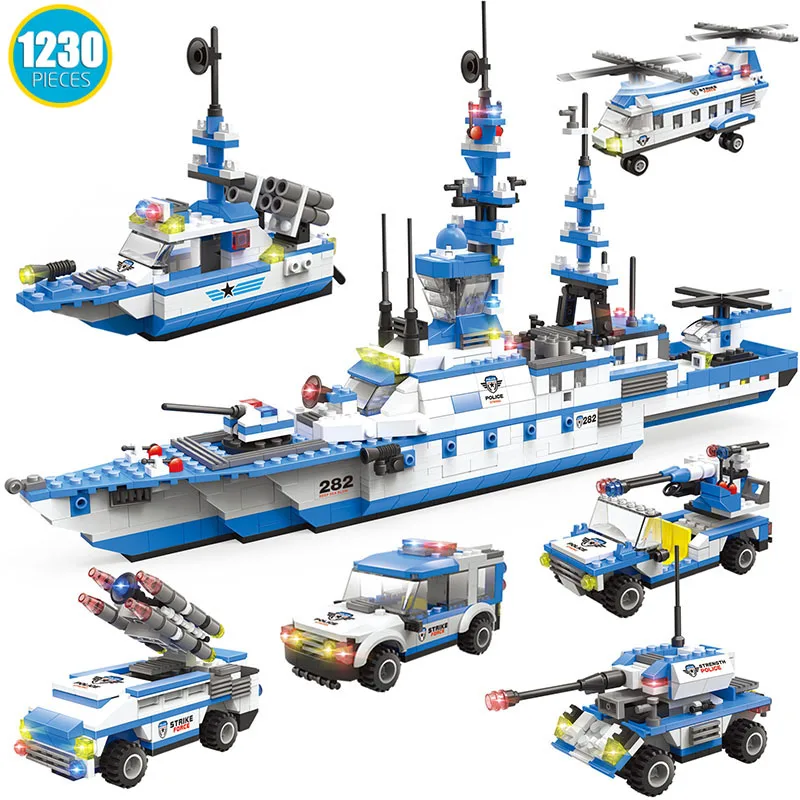 

1230Pcs City Police Patrol Boat Military Battleship Warship Model Building Blocks Patrol Ship Airplane Car Bricks DIY Kids Toys