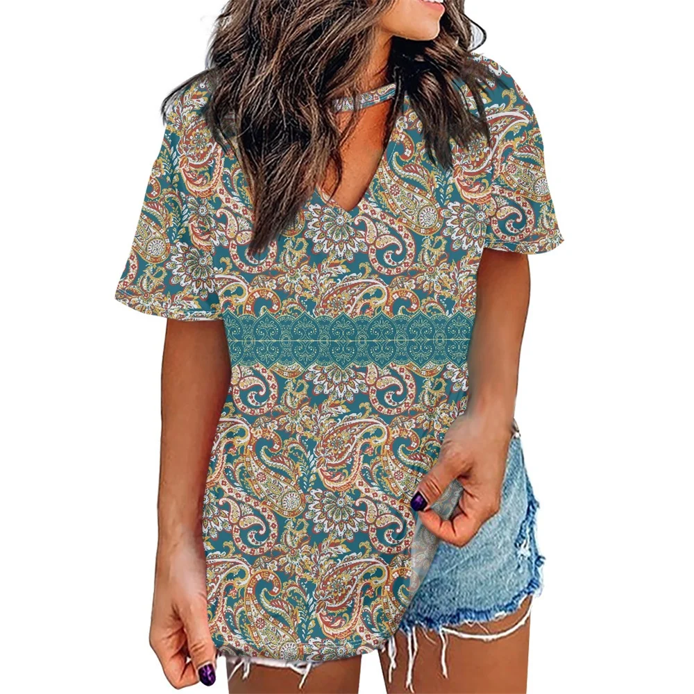 

Custom Short Sleeve Womens Tshirt Bandana Damask Style Floral Pattern V Neck Loose Casual Basic Summer Tee Tops Wholesale