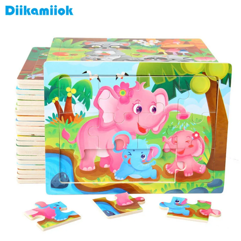 

2021 New Hot Sale Wooden Puzzles Kids 12 Pieces of Cartoon Animal Jigsaw Puzzle Game Wood Toy Baby Educational Toys for Children