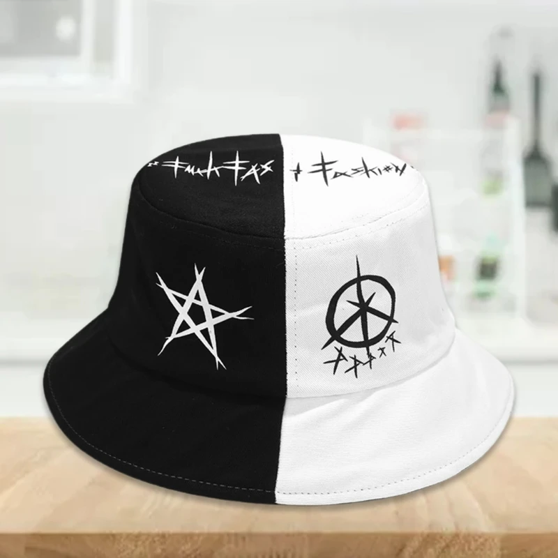 

Unisex Black White Color Block Hip Hop Bucket Hat Harajuku Graffiti Star Printed Outdoor Foldable Panama Fisherman D5QB