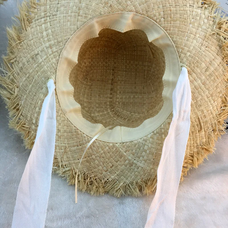 

Summer Women Beach Raffia Black White Ribbon Hat Bow Raffia Hat Temperament Flat Cap Straw Hats Women's Seaside Hat