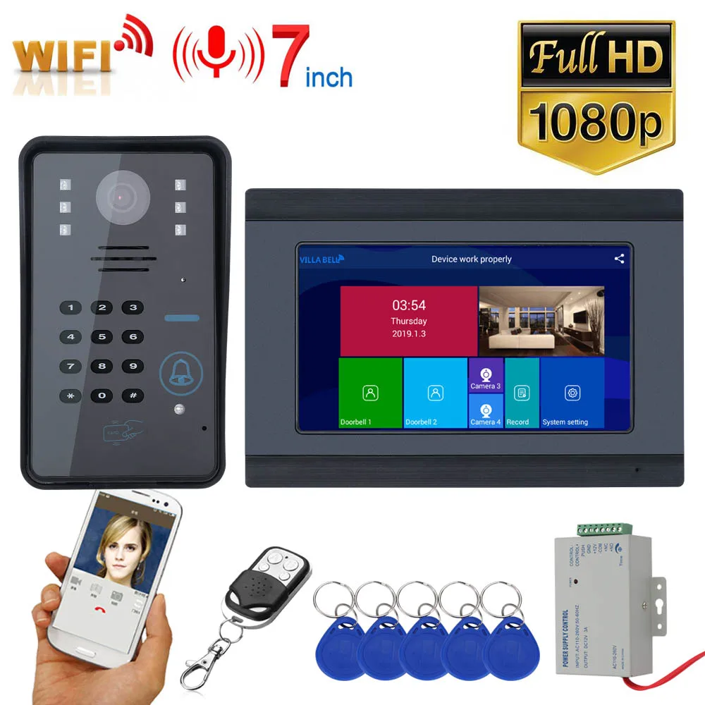 

7inch Wireless Wifi RFID Password Video Door Phone Doorbell Intercom Entry System with Wired IR-CUT 1080P Wired Camera Night Vis