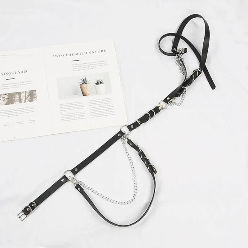 

Punk gothic Leather Women Belts with chain Harajuku Harness Leg Belt Body Waist Strap Jk Dress Jeans Slim Bondage Cool Waistband